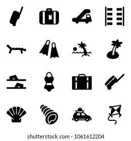 Solid vector icon set - suitcase vector, trap truck, plane seats, lounger, flippers, palm, flip flops, swimsuit, shell, car baggage, kite
