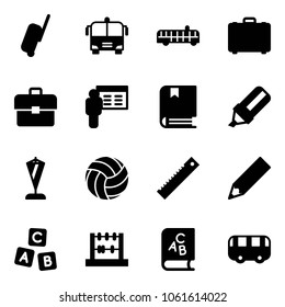 Solid vector icon set - suitcase vector, airport bus, case, portfolio, presentation, book, highlight marker, pennant, volleyball, ruler, pencil, abc cube, abacus, toy