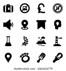 Solid vector icon set - suitcase vector, no computer sign, pound, parking even road, low volume, map pin, flag, head bulb, flask, golden branch, mountains, lighthouse, navigation, beanbag