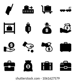 Solid vector icon set - suitcase vector, baggage, truck, room, drop counter, money bag, investment, encashment, case, portfolio