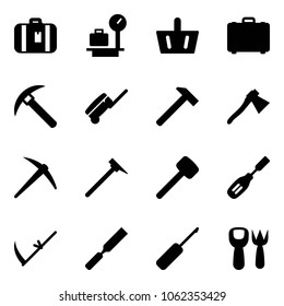 Solid vector icon set - suitcase vector, baggage scales, basket, case, rock axe, hammer, mason, rubber, chisel, scythe, rasp, awl, shovel fork toy