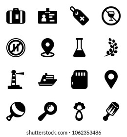 Solid vector icon set - suitcase vector, identity, medical label, no alcohol sign, parking even road, map pin, flask, golden branch, lighthouse, cruiser, micro flash card, navigation, beanbag