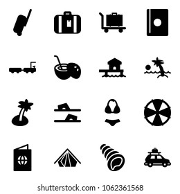 Solid vector icon set - suitcase vector, baggage, passport, truck, coconut cocktail, bungalow, palm, flip flops, swimsuit, parasol, tent, shell, car