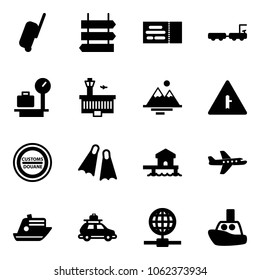 Solid vector icon set - suitcase vector, sign post, ticket, baggage truck, scales, airport building, mountains, intersection road, customs, flippers, bungalow, plane, cruiser, car, globe, toy boat