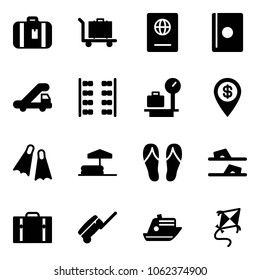 Solid vector icon set - suitcase vector, baggage, passport, trap truck, plane seats, scales, dollar pin, flippers, inflatable pool, flip flops, cruiser, kite