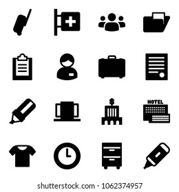 Solid Vector Icon Set - Suitcase Vector, First Aid Room, Group, Folder, Clipboard, Manager, Case, Agreement, Highlight Marker, Doors, Bank Building, Sea Hotel, T Shirt, Clock, Tool Cabinet