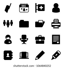 Solid vector icon set - suitcase vector, christmas calendar, first aid room, user, group, folder, printer, manager, office chair, portfolio, agreement, contact book, doors, pencil, marker