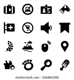 Solid vector icon set - suitcase vector, no computer sign, identity, dog, first aid room, alcohol, low volume, flag, golden branch, mountains, mouse wireless, navigation pin, shovel bucket, beanbag