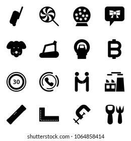 Solid vector icon set - suitcase vector, lollipop, snowball, bow message, dog, treadmill, mri, bitcoin, speed limit 30 road sign, phone horn, agreement, plant, level, corner ruler, clamp