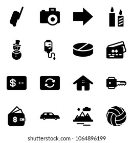 Solid vector icon set - suitcase vector, camera, right arrow, candle, snowman, drop counter, pill, credit card, exchange, home, key, finance management, limousine, mountains, volleyball