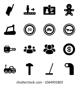 Solid vector icon set - suitcase vector, travolator, identity, cake man, treadmill, speed limit 30 road sign, no bike, cart horse, key, group, dollar, moon rover, hammer, rake, allen