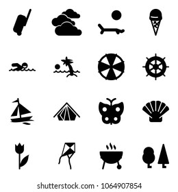 Solid vector icon set - suitcase vector, clouds, lounger, ice cream, swimming, palm, parasol, hand wheel, sail boat, tent, butterfly, shell, tulip, kite, grill, forest