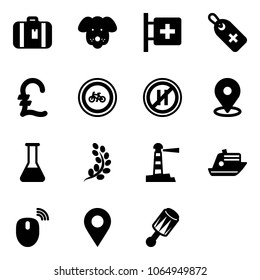 Solid vector icon set - suitcase vector, dog, first aid room, medical label, pound, no bike road sign, parking even, map pin, flask, golden branch, lighthouse, cruiser, mouse wireless, navigation