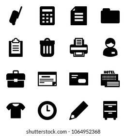 Solid vector icon set - suitcase vector, calculator, document, folder, clipboard, trash bin, printer, manager, portfolio, schedule, envelope, sea hotel, t shirt, clock, pencil, tool cabinet