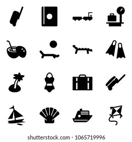 Solid vector icon set - suitcase vector, passport, baggage truck, scales, coconut cocktail, lounger, flippers, palm, swimsuit, sail boat, shell, cruiser, kite