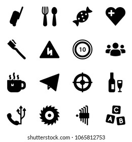 Solid vector icon set - suitcase vector, spoon and fork, candy, heart, tooth brush, speed limit 10 road sign, group, hot tea, paper fly, target, wine, phone, saw disk, allen key set, abc cube