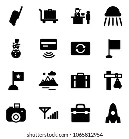 Solid vector icon set - suitcase vector, baggage, passport control, shower, snowman, tap pay, card exchange, flag, mountains, ship bell, camera, fine signal, tool box, rocket