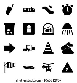 Solid vector icon set - suitcase vector, airport bus, escalator down, alarm clock, trash, female wc, shower, right arrow, fork loader, road cone, clouds, side wind, small plane, helicopter, sign