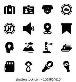 Solid vector icon set - suitcase vector, identity, dog, no bike road sign, parking even, low volume, map pin, flag, head bulb, mountains, lighthouse, cruiser, micro flash card, beanbag