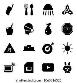 Solid vector icon set - suitcase vector, spoon and fork, shower, holly, champagne, medical mask, pear, stop road sign, slippery, pedestal, target, sun, notebook wi fi, sim, playback, toy rabbit