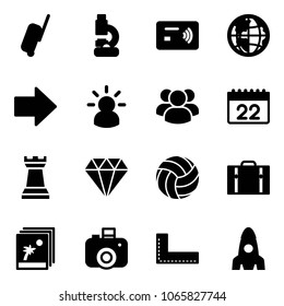 Solid vector icon set - suitcase vector, lab, tap pay, globe, right arrow, idea, group, calendar, chess tower, diamond, volleyball, photo, camera, corner ruler, rocket