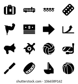 Solid vector icon set - suitcase vector, airport bus, garland, pills blister, power hand, dollar, right arrow, growth, megaphone, sea turtle, volleyball, diving, rasp, tambourine, sailboat toy