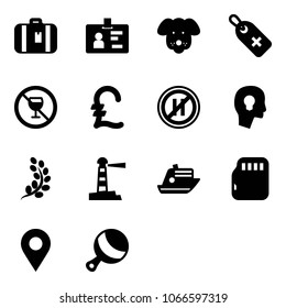 Solid vector icon set - suitcase vector, identity, dog, medical label, no alcohol sign, pound, parking even road, head bulb, golden branch, lighthouse, cruiser, micro flash card, navigation pin