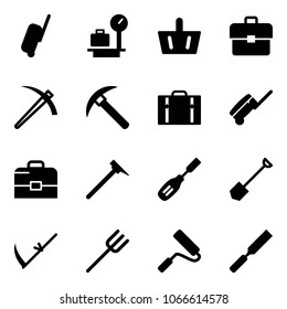 Solid vector icon set - suitcase vector, baggage scales, basket, portfolio, job, rock axe, case, mason hammer, chisel, shovel, scythe, farm fork, paint roller, rasp