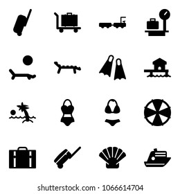 Solid vector icon set - suitcase vector, baggage, truck, scales, lounger, flippers, bungalow, palm, swimsuit, parasol, shell, cruiser