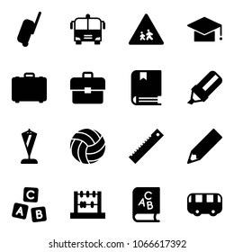 Solid vector icon set - suitcase vector, airport bus, children road sign, graduate hat, case, portfolio, book, highlight marker, pennant, volleyball, ruler, pencil, abc cube, abacus, toy