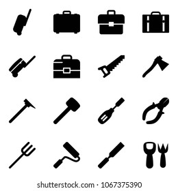 Solid vector icon set - suitcase vector, case, portfolio, saw, axe, mason hammer, rubber, chisel, side cutters, farm fork, paint roller, rasp, shovel toy