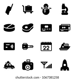Solid vector icon set - suitcase vector, baggage, snowman, lab, pill, meat, credit card, tap pay, key, calendar, cruiser, car, camera, fine signal, rocket