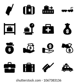 Solid vector icon set - suitcase vector, baggage, truck, room, scales, doctor bag, money, investment, encashment, portfolio, car