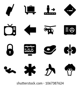 Solid vector icon set - suitcase vector, baggage, travolator, smoking area sign, tv, left arrow, helicopter, safe, lock, diagnostic monitor, meat, kidneys, abdominal muscles, ambulance star, banana