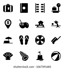 Solid vector icon set - suitcase vector, passport, plane seats, baggage scales, dollar pin, coconut cocktail, bungalow, palm, inflatable pool, flip flops, parasol, shell, sand castle, beach ball