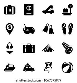 Solid vector icon set - suitcase vector, passport, trap truck, baggage scales, dollar pin, coconut cocktail, flippers, flip flops, swimsuit, tent, shell, cruiser, car, kite, beach ball