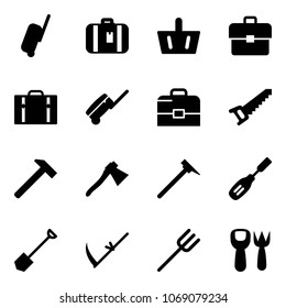 Solid vector icon set - suitcase vector, basket, portfolio, case, saw, hammer, axe, mason, chisel, shovel, scythe, farm fork, toy