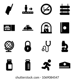 Solid vector icon set - suitcase vector, travolator, no smoking sign, post, ticket, client bell, officer window, passport, globe, lock, stethoscope, lab, pills bottle, vial, run, doctor hat