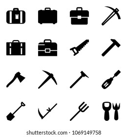 Solid vector icon set - suitcase vector, case, portfolio, job, saw, hammer, axe, mason, chisel, shovel, scythe, farm fork, toy