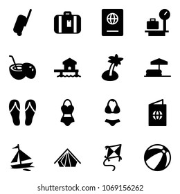 Solid vector icon set - suitcase vector, passport, baggage scales, coconut cocktail, bungalow, palm, inflatable pool, flip flops, swimsuit, sail boat, tent, kite, beach ball