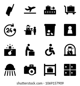 Solid vector icon set - suitcase vector, departure, baggage, 24 hours, passport control, trash, female wc, terrorism, baby room, disabled, officer window, shower, camera