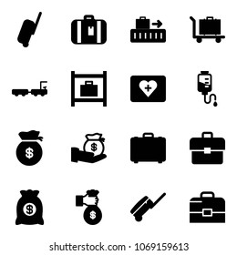 Solid vector icon set - suitcase vector, baggage, truck, room, first aid kit, drop counter, money bag, investment, case, portfolio, rich