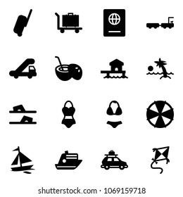 Solid vector icon set - suitcase vector, baggage, passport, truck, trap, coconut cocktail, bungalow, palm, flip flops, swimsuit, parasol, sail boat, cruiser, car, kite