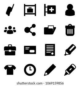 Solid vector icon set - suitcase vector, baggage room, first aid, user, group, share, folder, trash bin, portfolio, envelope, agreement, highlight marker, t shirt, clock, pencil