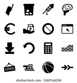 Solid vector icon set - suitcase vector, trash, firework rocket, brain, euro, investment, prohibition road sign, cursor browser, download, undo, calculator, brick wall, open, pool, ball, connect
