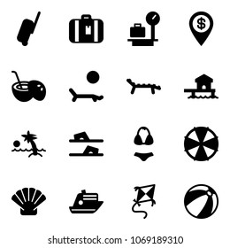 Solid vector icon set - suitcase vector, baggage scales, dollar pin, coconut cocktail, lounger, bungalow, palm, flip flops, swimsuit, parasol, shell, cruiser, kite, beach ball