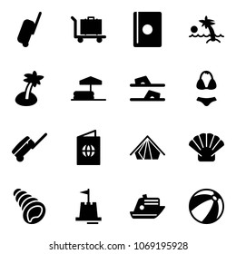 Solid vector icon set - suitcase vector, baggage, passport, palm, inflatable pool, flip flops, swimsuit, tent, shell, sand castle, cruiser, beach ball