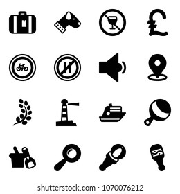 Solid vector icon set - suitcase vector, dog, no alcohol sign, pound, bike road, parking even, low volume, map pin, golden branch, lighthouse, cruiser, beanbag, shovel bucket