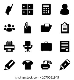 Solid vector icon set - suitcase vector, baggage room, calculator, user, group, attachment, folder, clipboard, printer, office chair, case, agreement, highlight marker, t shirt, wireless