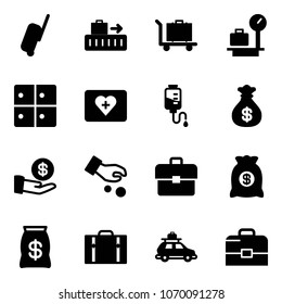 Solid vector icon set - suitcase vector, baggage, scales, room, first aid kit, drop counter, money bag, investment, portfolio, car, case